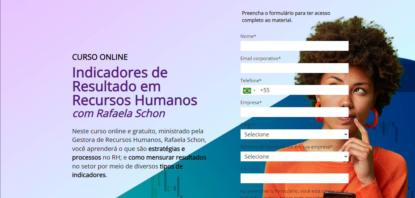 Landing Page de inscrição para o curso Indicadores de Resultados em Recursos Humanos com Rafaela Schon 