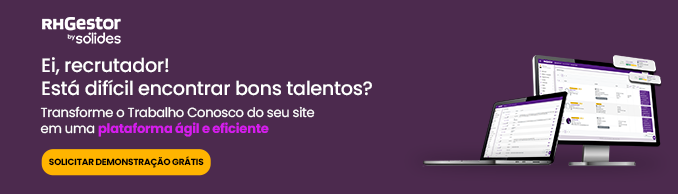 No canto direito o monitor de um computador e de um notebook lado a lado com as telas abertas no sistemas de rh da RHGestor by Sólides, e do lado esquerdo textos